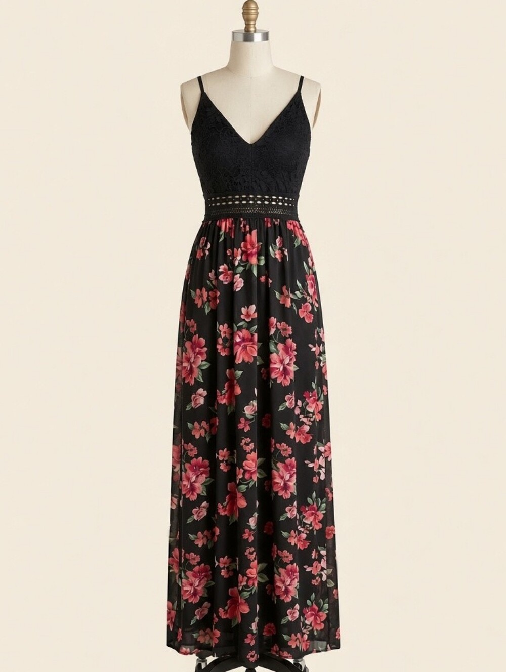 Black Floral Maxi Dress with Lace Bodice and Pink Print